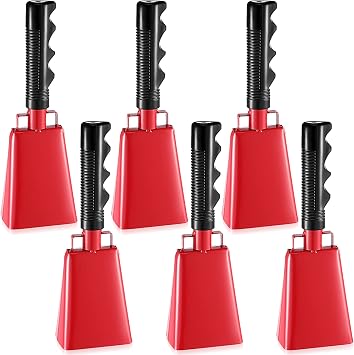 6 Pcs 8.6 Steel Red CowBells Noise Makers with Handle,Solid Cow Bells for Sporting Events to Make Big Noise for Football Soccer Hockey Baseball Basketball GamesSmall