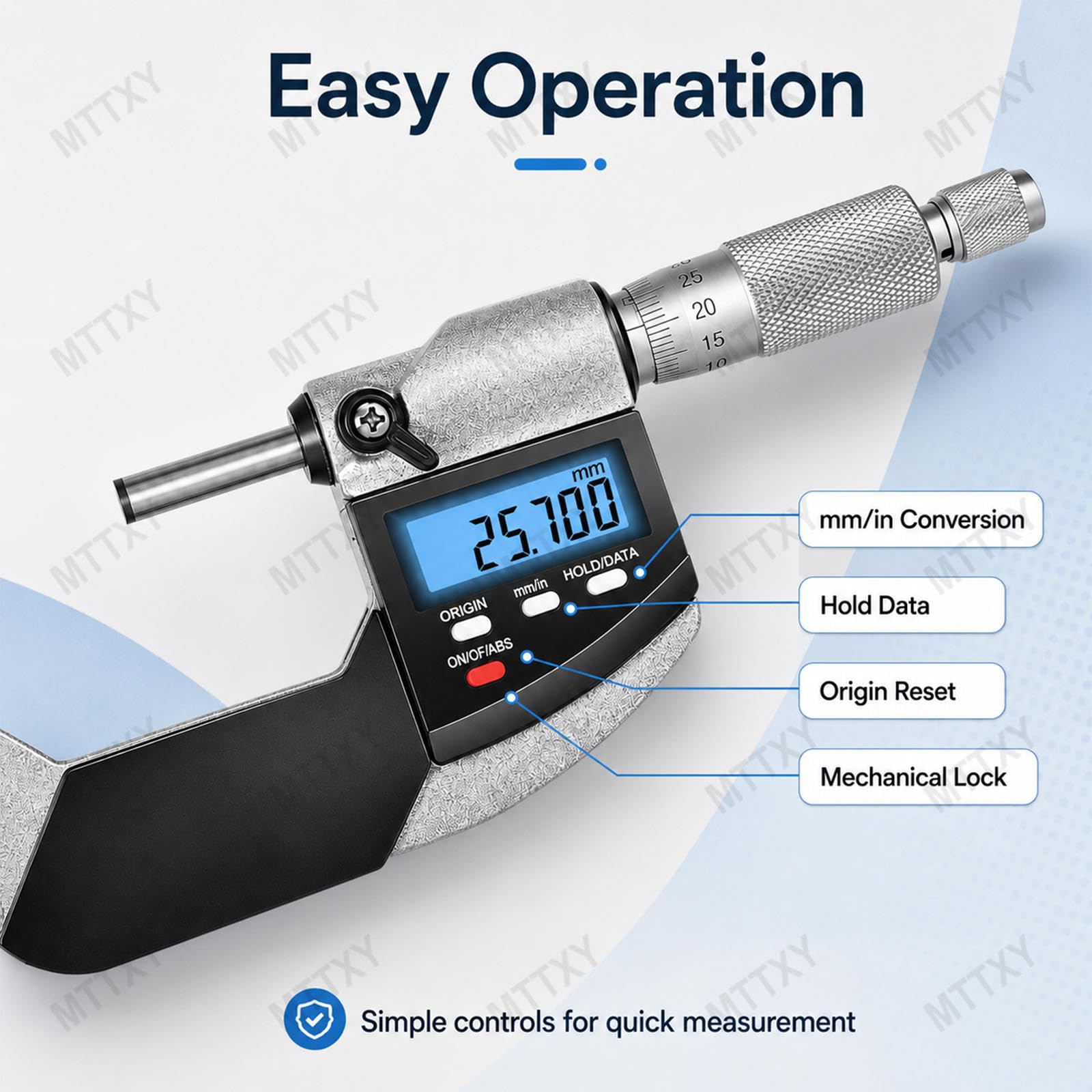 Micrómetro Exterior Digital 25-50 mm LCD para Taller | Pantalla LCD y escala mecánica para medir piezas, chapas y espesores con cambio rápido mm pulgadas.