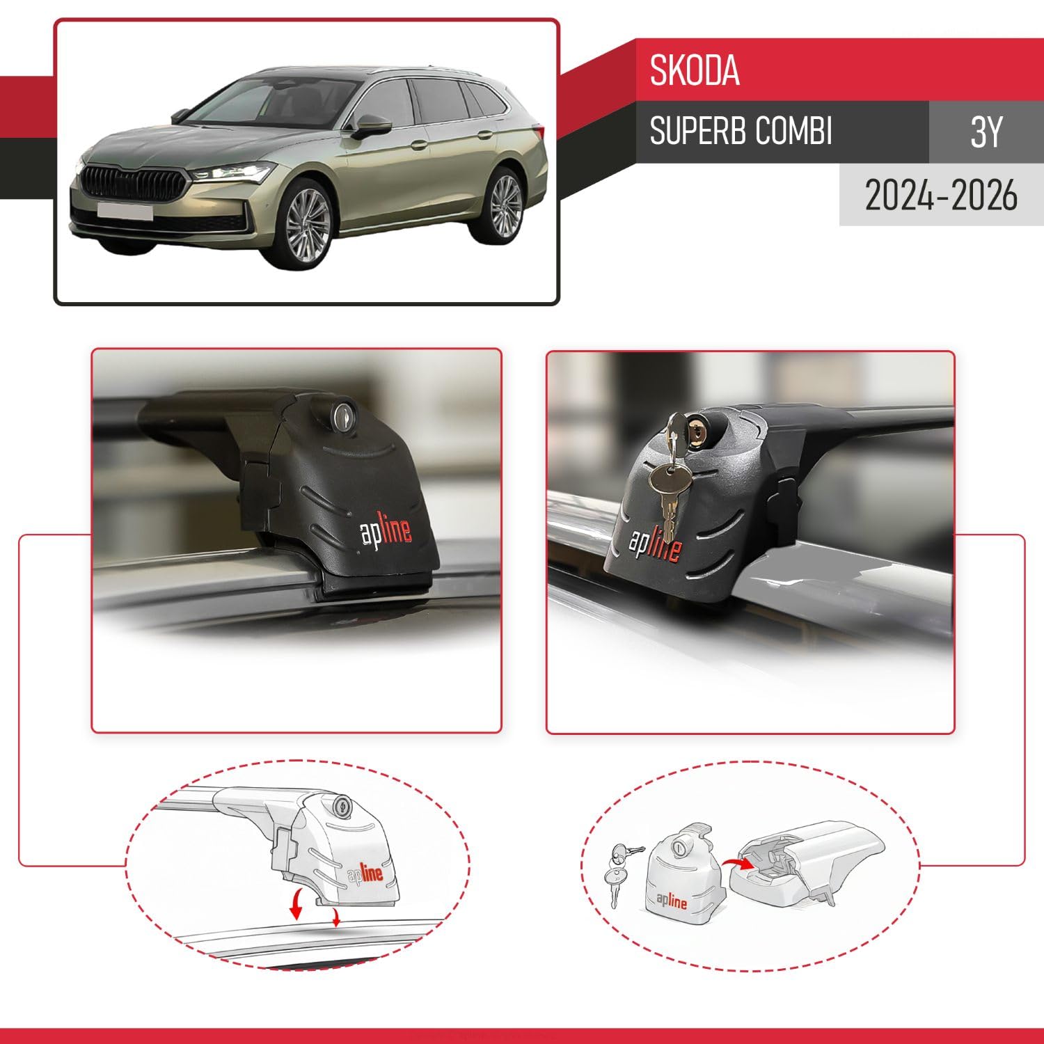 Kompatibel mit Skoda Superb Combi (3Y) 2024-2026 ACE-2 Typ Relingträger Dachträger Auto Gepäckträger Schwarz Aluminium Barren