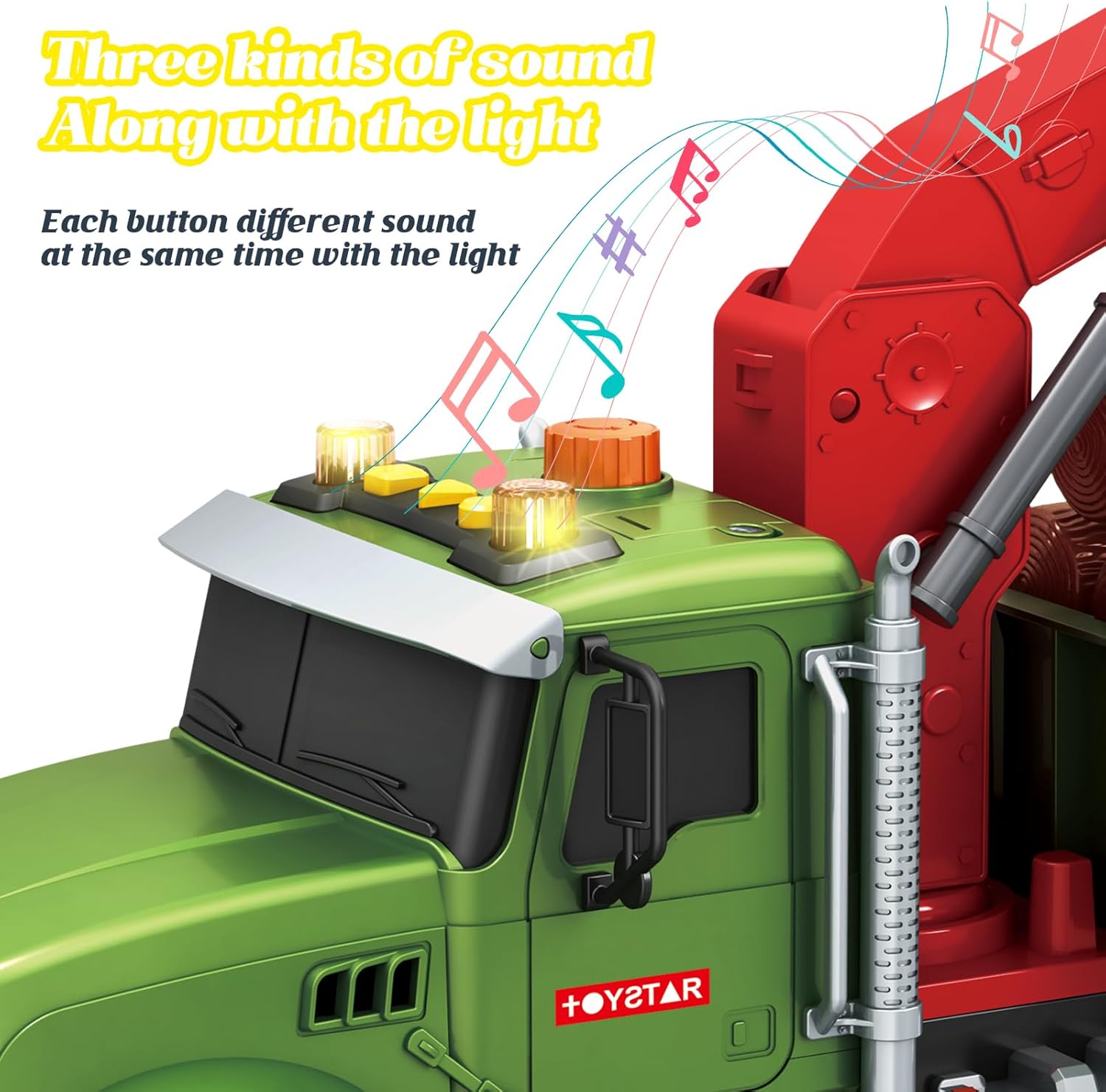 15 Inch Friction Powered Timber Truck Toy with Loading Crane, 6 Wooden Logs & Lights/Sounds - Play Vehicle Gift for Boys Girls Kids Ages 3-7