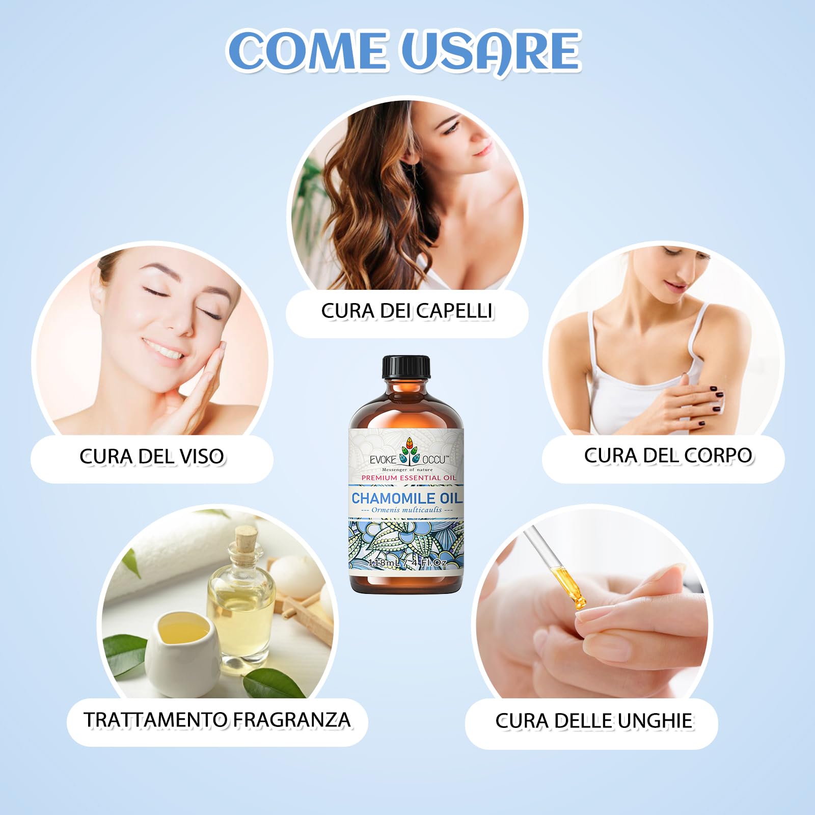 EVOKE OCCU Olio Essenziale Camomilla 118ML, Puro per Calma L'umore, Rilassa il Sonno, Idrata la Pelle, Aromaterapia, Diffusore