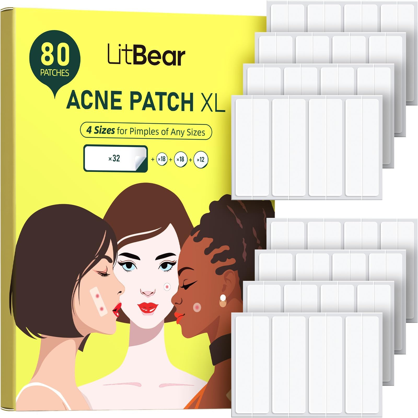 LitBear Large Pimple Patches for Face (4 Sizes 80 Patches), Big Acne Patches, XL Hydrocolloid Bandages Strips for Body, Forehead, Cheek, Chin, Butt, Back & Chest, Rectangle hydrocolloid Patch