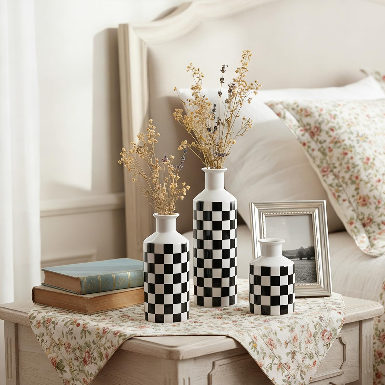 Keramik-Vasen-Set im Schachbrettmuster, 3-teilig, schwarz-weiße Porzellanvasen in verschiedenen Höhen, Moderne, minimalistische Wohndekoration für Wohnzimmer, Regal und Tisch (Schwarz)
