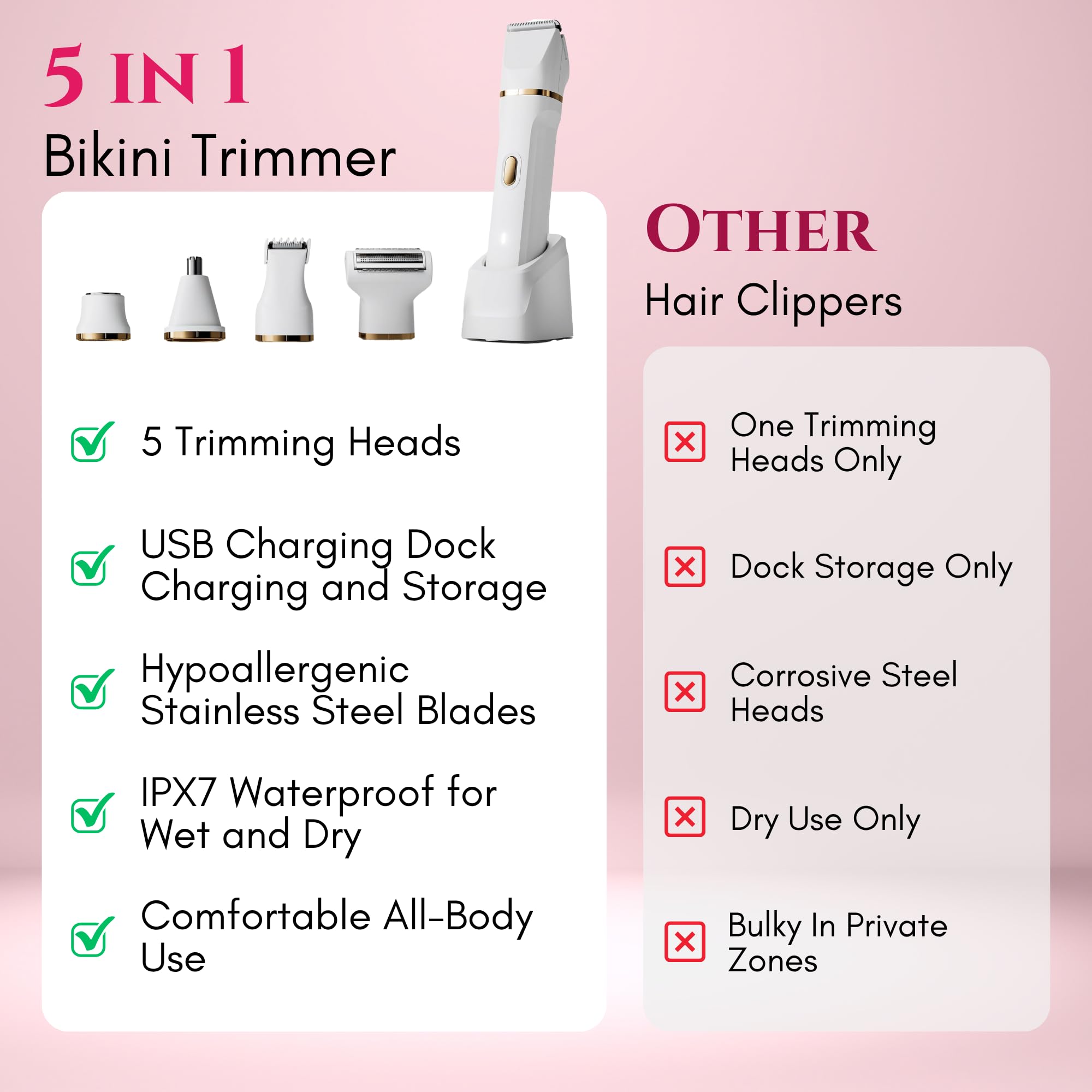 Maquinilla de afeitar eléctrica 5 en 1 con cable USB, excelente eliminación de vello facial, afeitadora corporal húmeda/seca para nariz, cejas, barba, pierna y brazo, IPX7