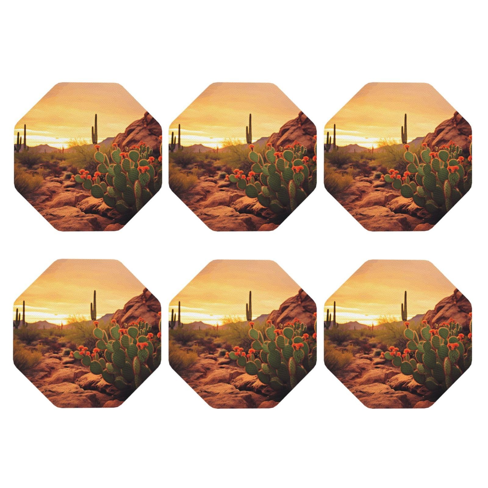 6Pcs PU Leather Coaster for Drinks, Cactus at Sunset Poster Cup Coastersr 4" Cup Mat Pad, Aesthetic Drink Coasters for Coffee Table, Octagon Coaster for Tabletop Protection