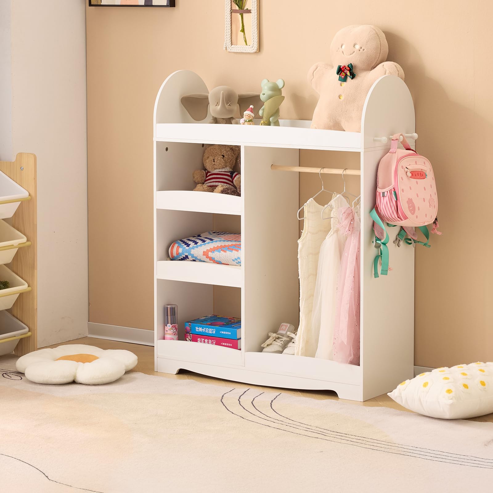 LALAHO Armoire Enfant avec Portant Vêtements Garde-Robe，Dressing penderie Enfant avec 4 Étagères et 3 Crochets（Blanc）