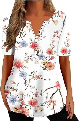 Stessotudo Blusa de manga corta para mujer, cuello en V, dobladillo suelto, casual, estampado floral, con botones, ajuste holgado para verano
