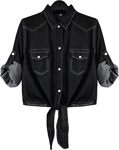 Omoone Camisa corta de mezclilla para mujer, con manga 34 y nudo