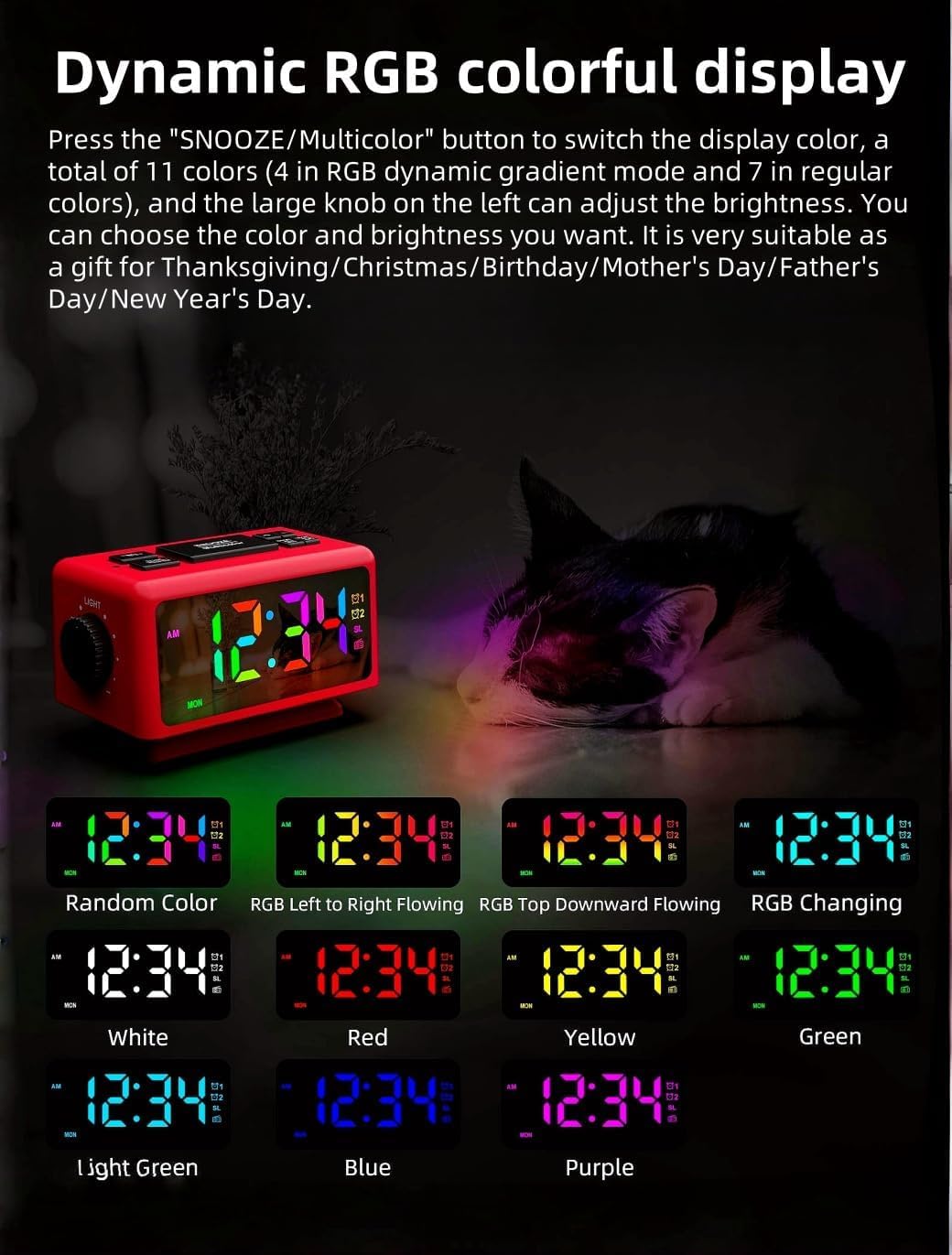 RGB Sveglia colorata Calendario perpetuo Radio FM Orologio elettronico Funzione snooze Allarmi multipli Regolazione automatica della luminosità Uscita di alimentazione USB (Black1)