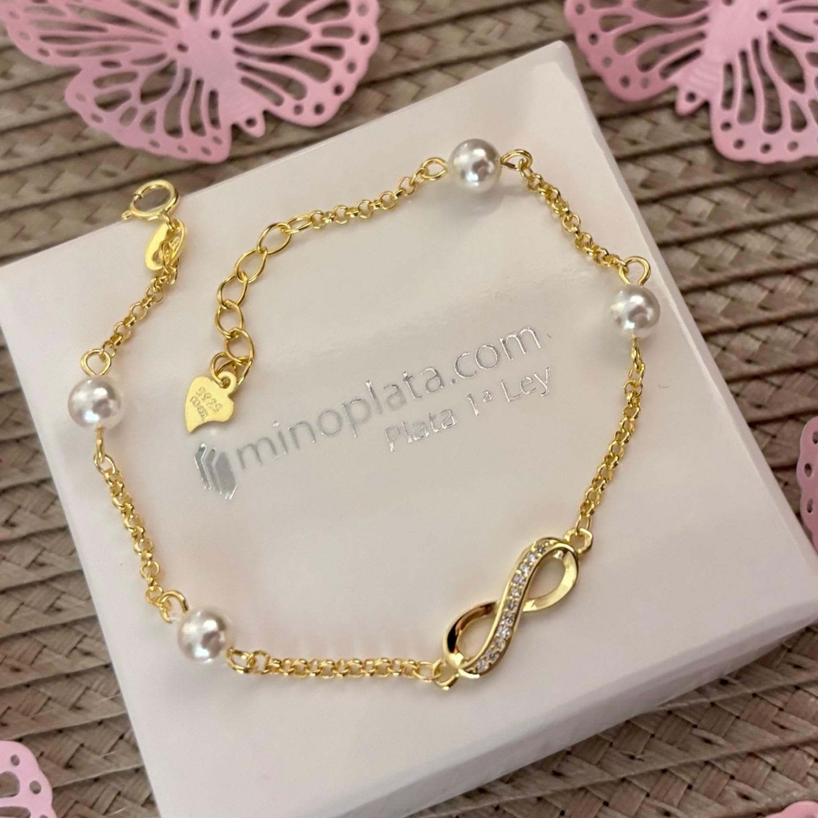 Pulsera infinito de Plata de ley chadapa en Oro con Perlas cultivadas para niña