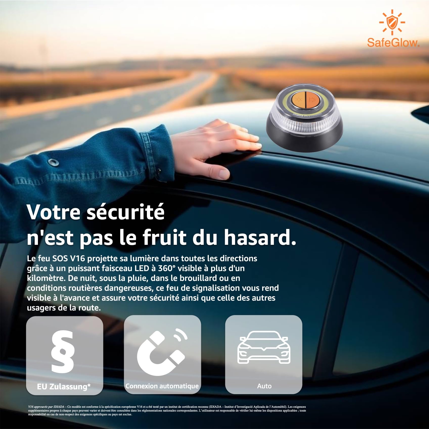 Lampe d’avertissement V16 2026 homologuée IDIADA n° PC21020060 – Triangle de signalisation – Triangle de panne – Homologation UE – Pour voiture et moto