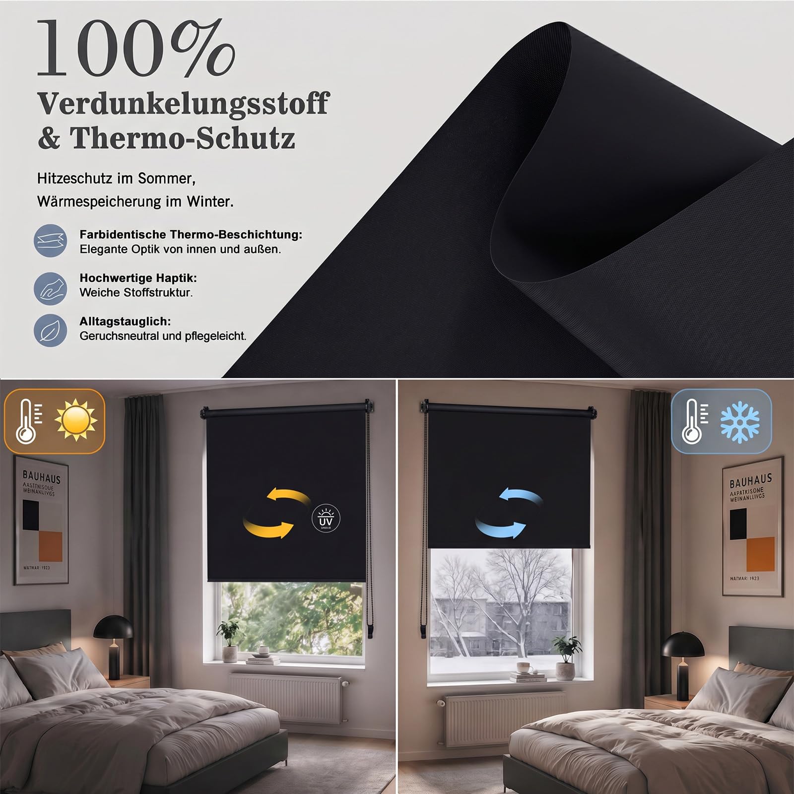 SALCAR Thermorollo ohne Bohren Klemmfix - Verdunkelungsrollo für Fenster & Tür, Seitenzugrollo mit 18mm Alurohr & Thermo-Beschichtung, Sonnenschutz Hitzeschutz Sichtschutz, Schwarz, B 60 x H 130 cm - Image 3