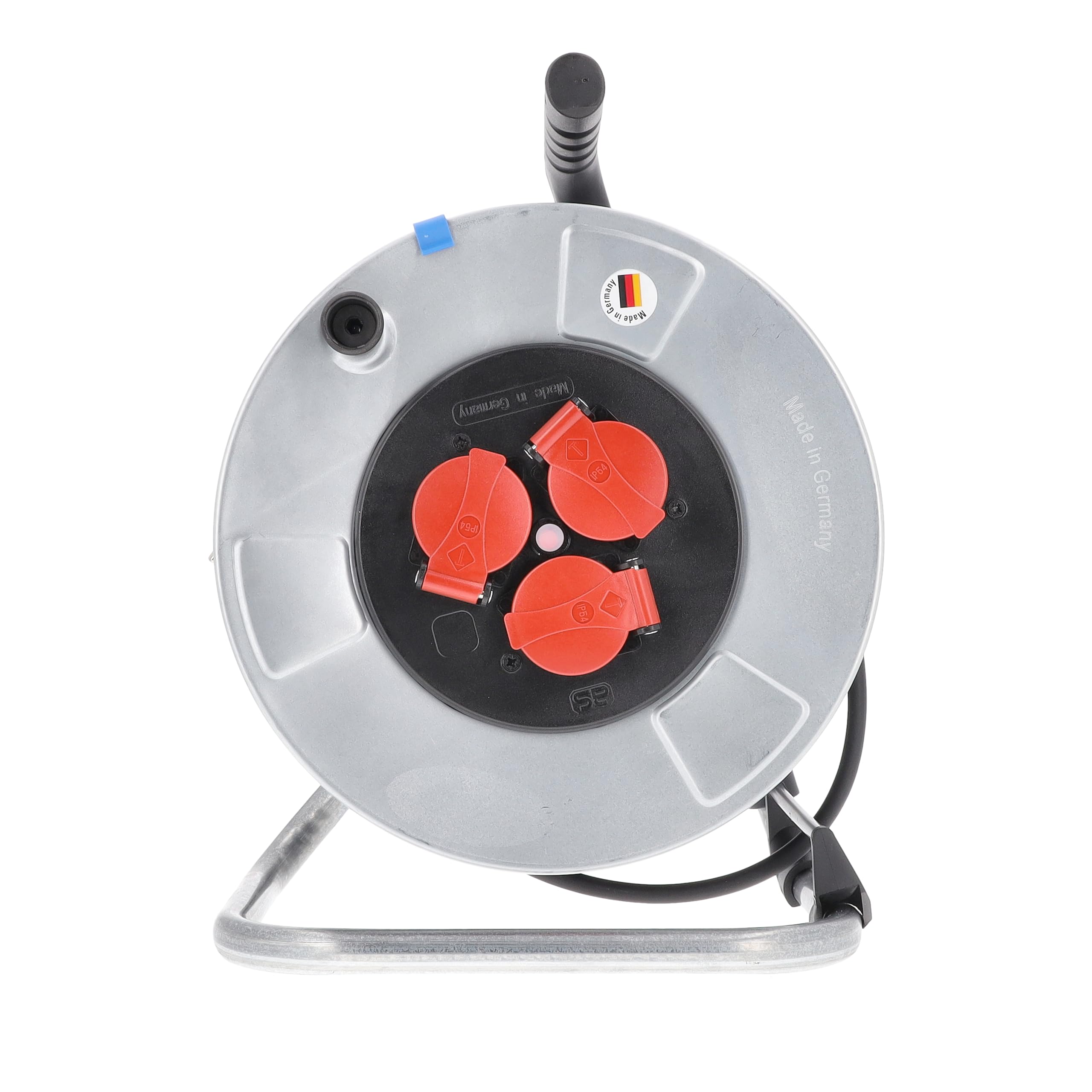 as - Schwabe enrollacables 25 m H05RR-F 3G1,5, IP44 exterior, 3 tomas de corriente con toma de tierra, Interruptor térmico, tambor de acero, Made in Germany