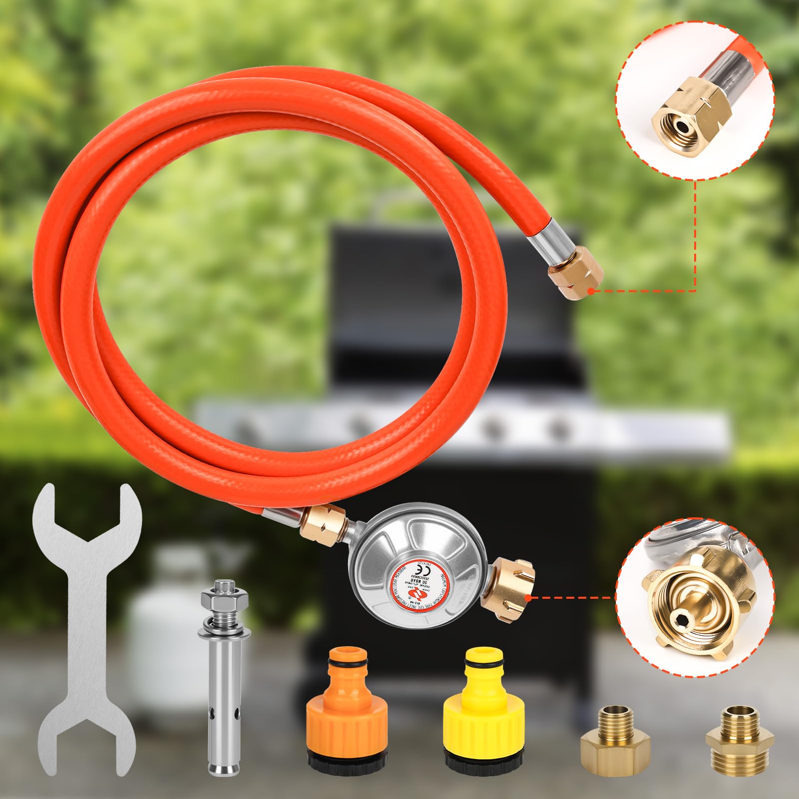 Régulateur de pression de gaz 50 mbar, tuyau de gaz de 150 cm, filetage extérieur 1/4" -19 LH, régulateur de pression de gaz à basse pression pour barbecues pour camping, pique-niques