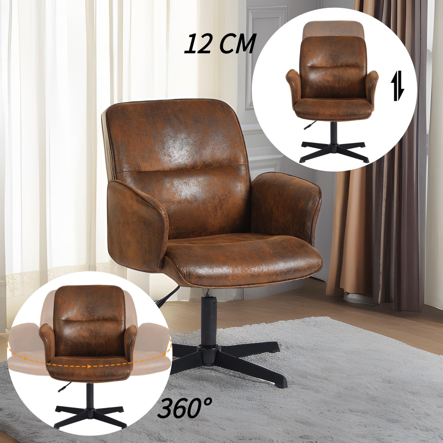 Furnish Krzesło do gier, brązowe, zamszowe, z regulowaną wysokością i obrotem o 360°, do pokoju rekreacyjnego, ergonomiczny fotel z wyściełanym oparciem, do sypialni bez kółek, pojemność 113 kg