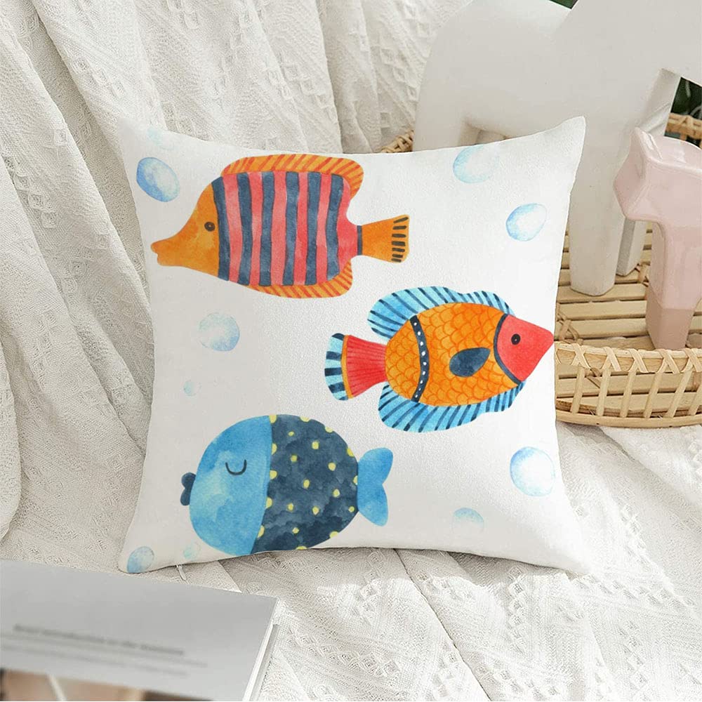 Decorative Square Throw Pillowcase Cover Soft Blue Aquarium Fish Watercolor On White Zoo Animals Wildlife Colorful Aquatic Beach Biology Painted Velvet Cushion Case for Sofa Bedroom Car 20x20 Inch