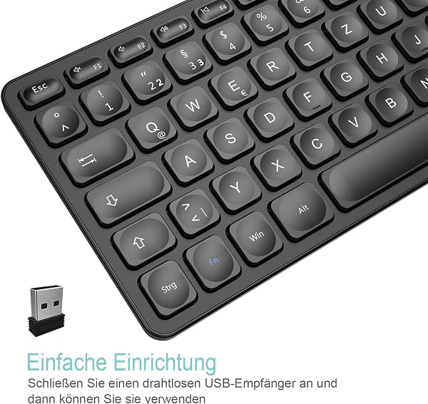 Arteck Wireless Keyboard, German QWERTZ Layout Rechargeable USB Port 2.4 GHz Wireless Keyboard with Multimedia Keys, Compatible with PC, Computer, Notebook, Laptop, Windows 11, 10, 8 - 1