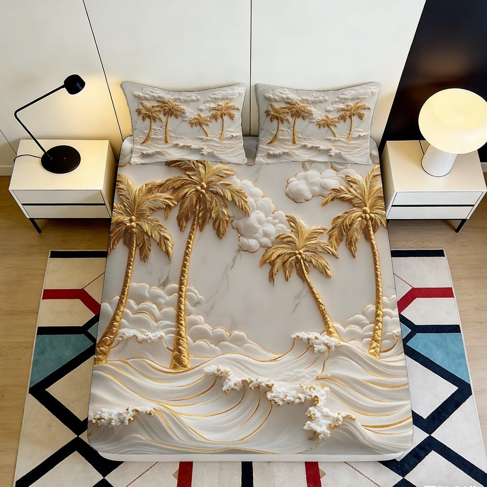 3D Printed Palm Beach Fitted Sheet Microfiber Deep Pocket Palm Mattress Fitted Cover Non-Slip for Bedroom Bedding 200x200x25cm 90x200x25cm