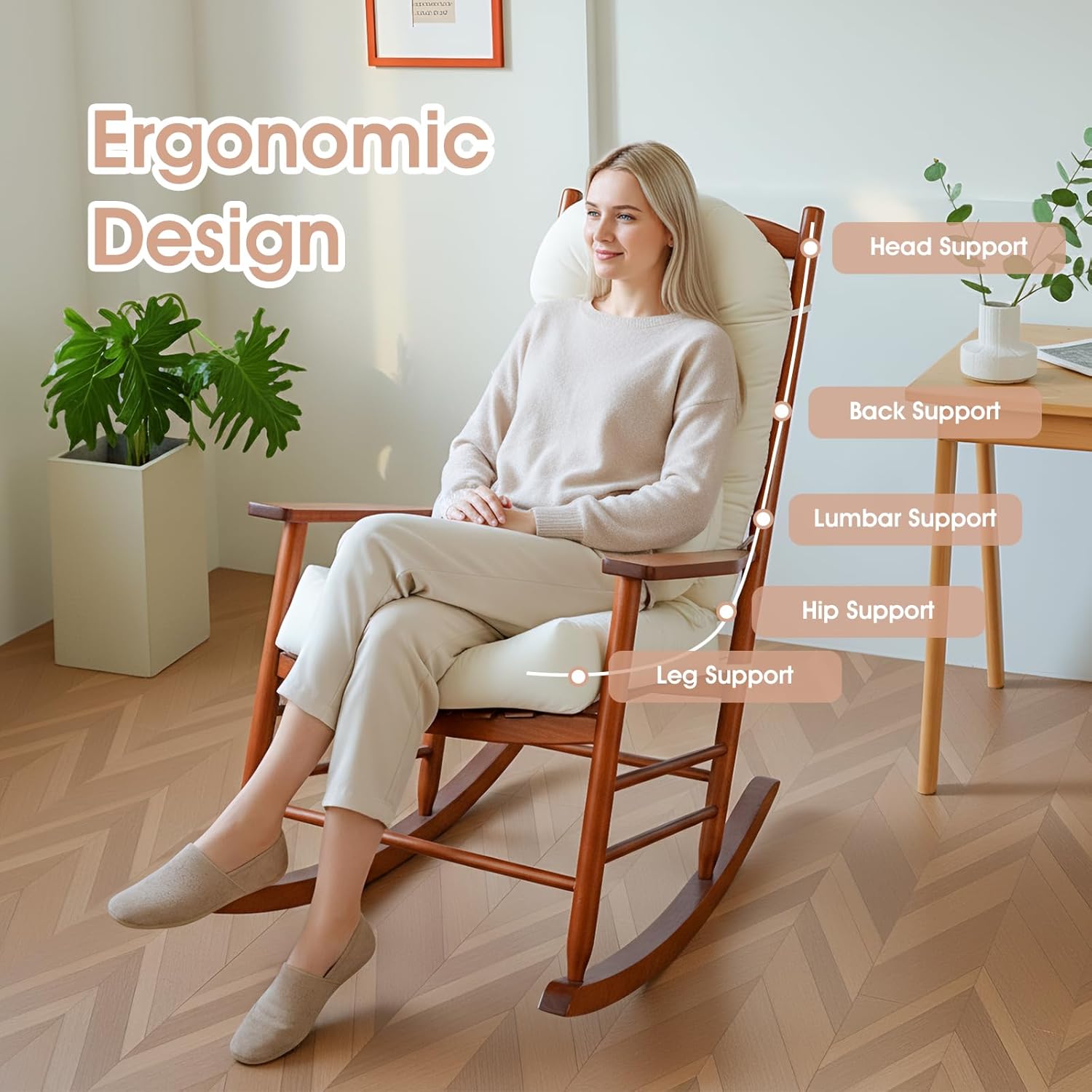 Rocking Chair Cushion Indoor Large Chair Pads Set with Ties Extra Lumbar Pillow Premium Dutch Velvet High Resilience Filler Non-Slip Bottom, Beige