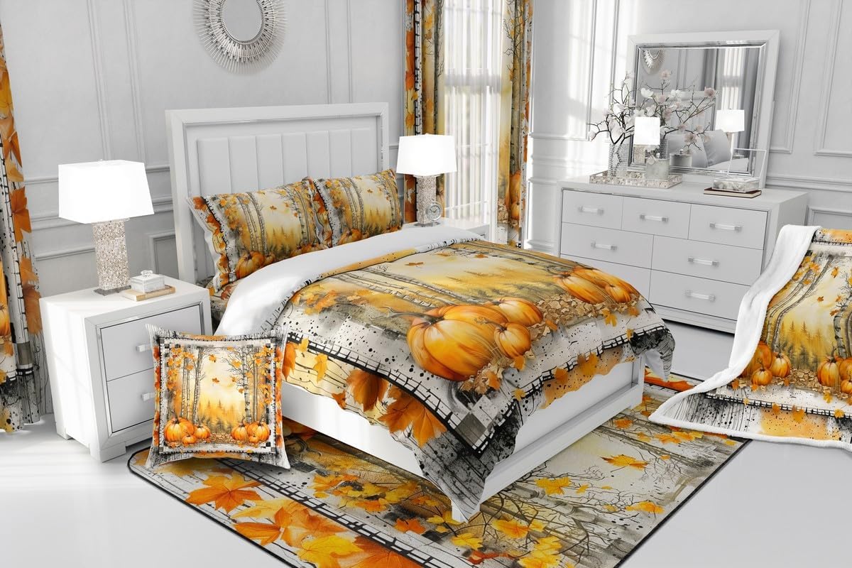 Erosebridal Autumn Decor Coverlet Queen Size Harvest Pumpkin Bedding Set, Oil Painting Aesthetic Bedspread Set Fall Jungle Tree Quilt Set, Maple Leaves Print Bed Set