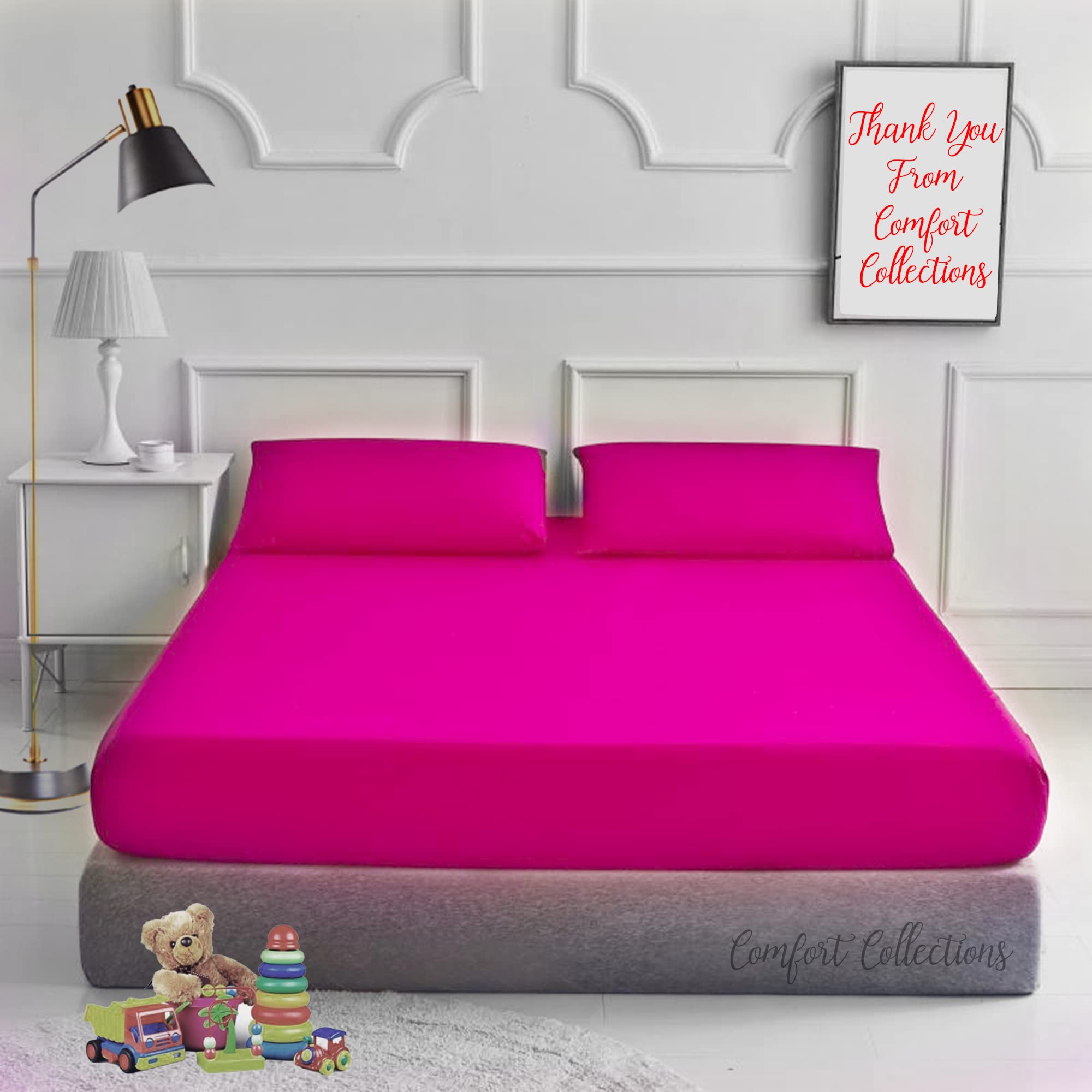 Comfort Collections Plain Dyed Easy Care Poly Cotton Flat and Fitted Sheet Set with Pillow Case Bedding Set (Fushsia, Single)