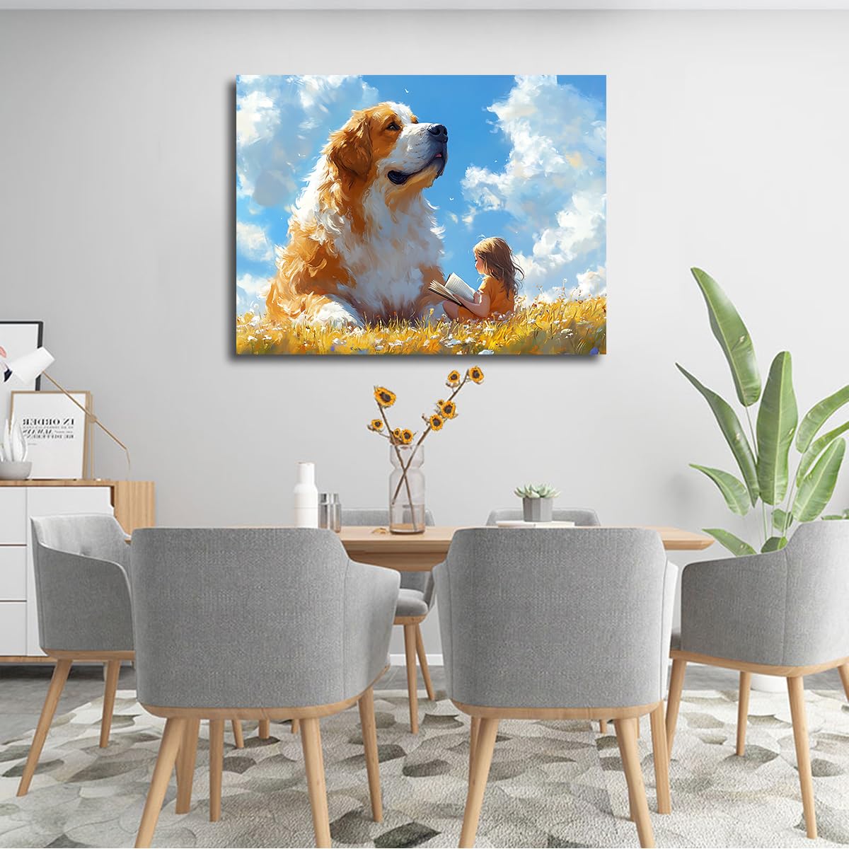 TOANGWALL Carina tela per cani Stampe murali Libro incorniciato di una bambina da sogno Libri di lettura Fiori di prato Illustrati da libro di fiabe Mural per bambini Arredamento della stanza 50x60cm