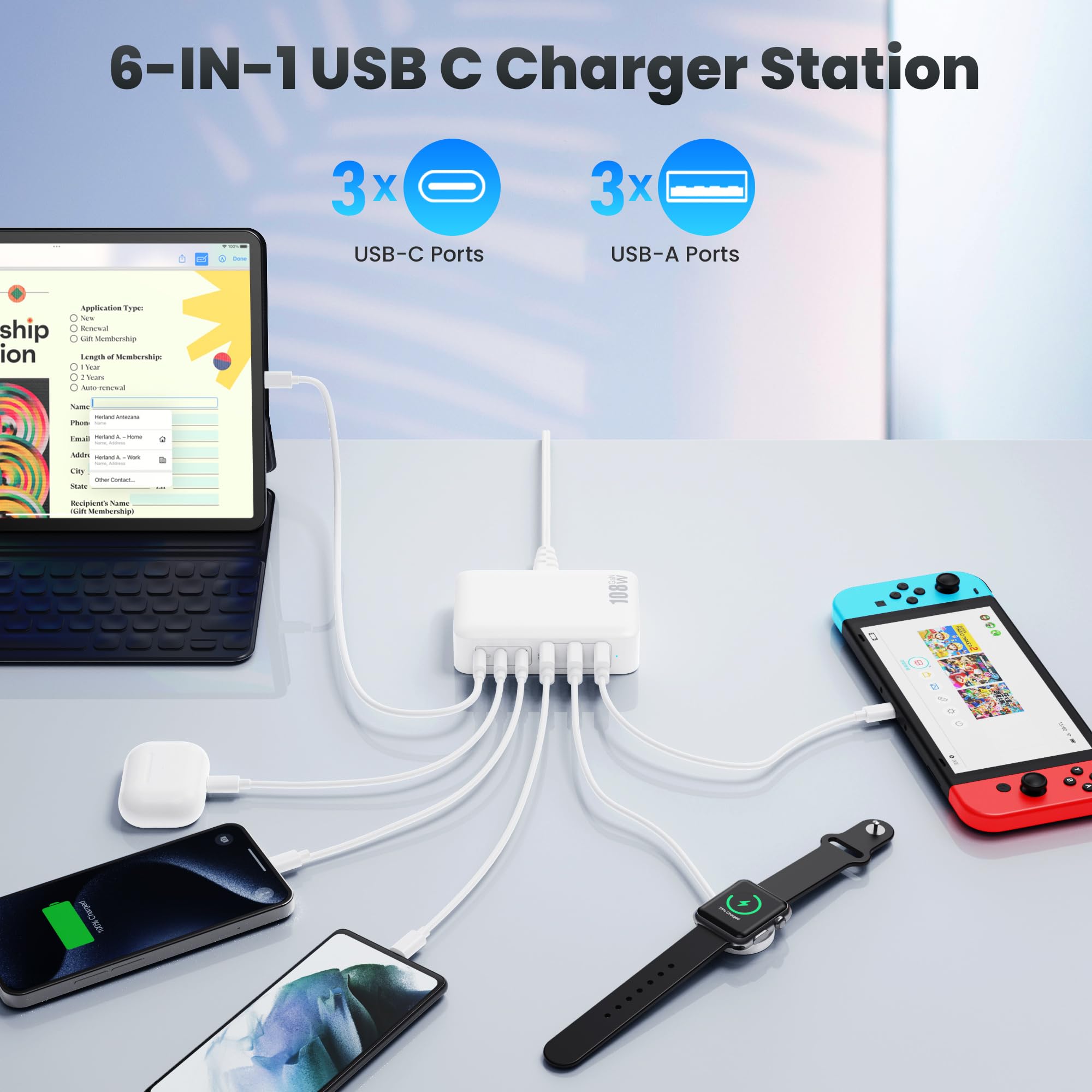 108W Caricatore USB C Multiplo, 6 Porte Alimentatore USB GaN III Stazione di Ricarica Rapida, Caricabatterie Multipla con 3 PD Tipo-C&3 QC Multipresa per iPhone iPad Samsung Huawei Switch ecc
