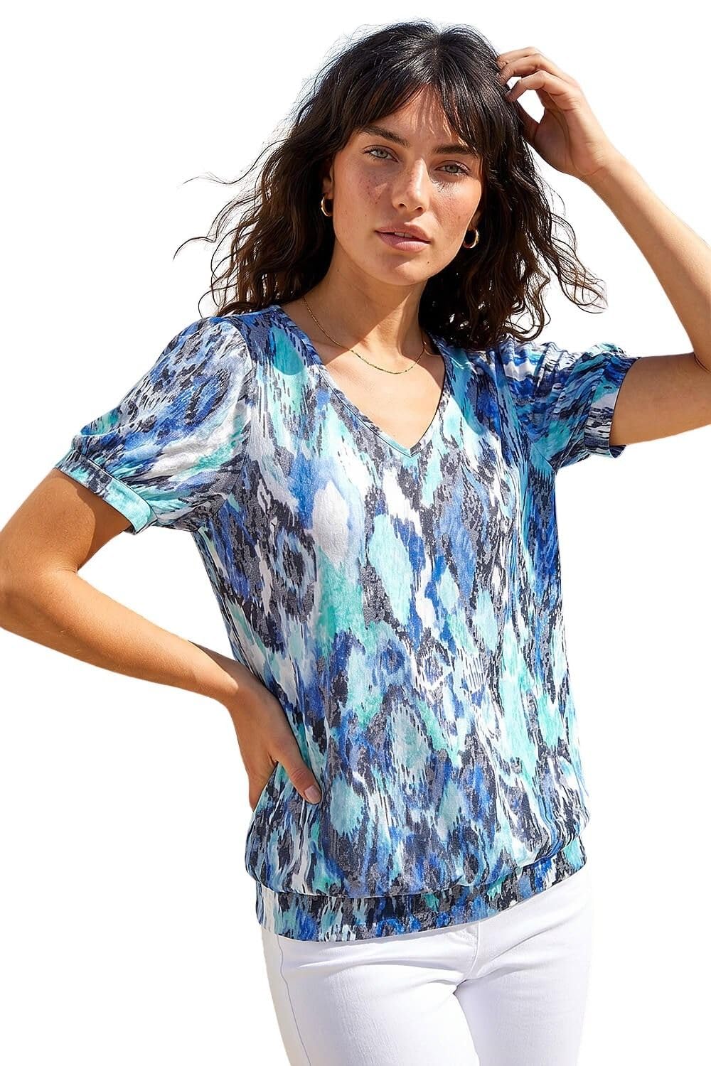 Roman Originals Women's Blue Roman Blouson Top For Bubble Hem Stretchy Jersey Puff Sleeve Summer Smart Casual Office Work Spring Everyday Evening Vacation Work Holiday V Neck - Size 16
