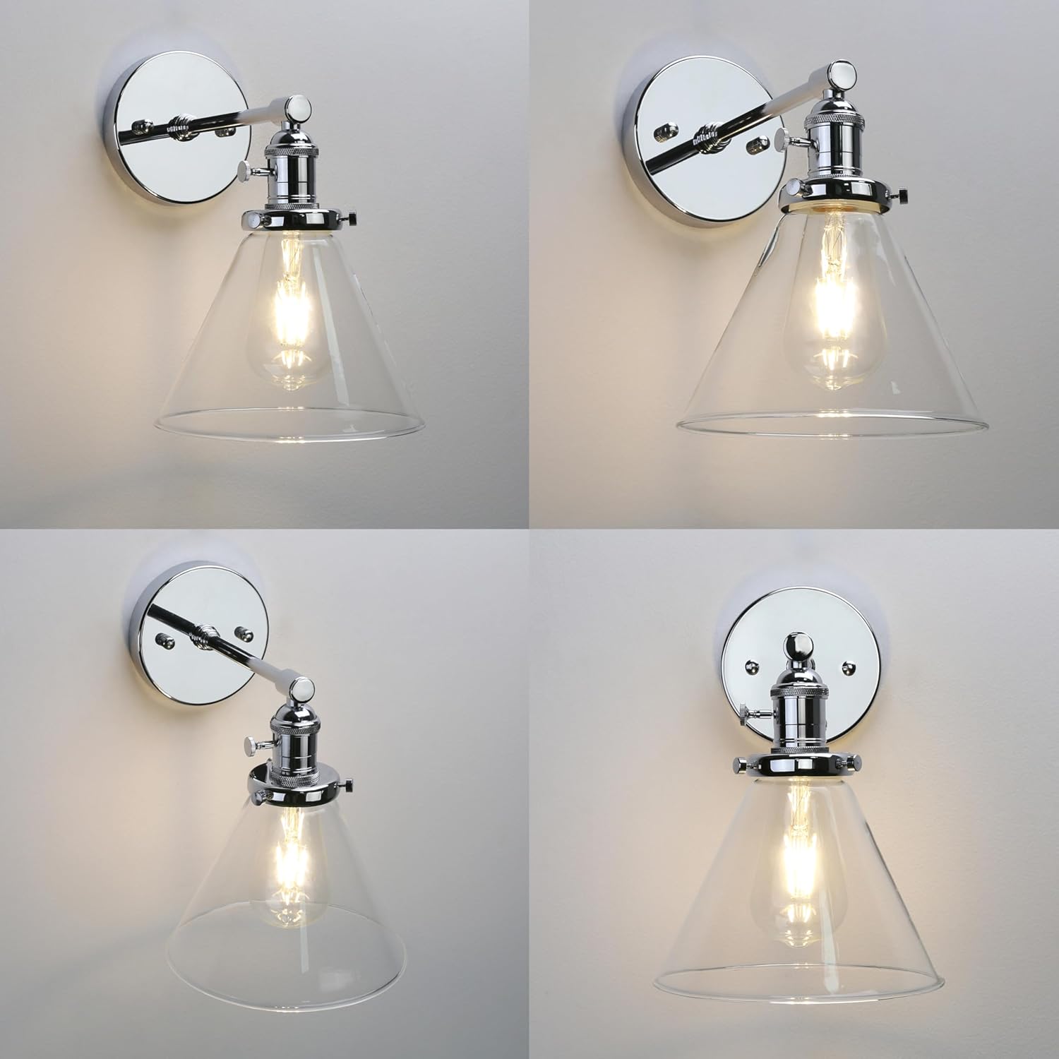 Phansthy Vintage Industrial Wall Light Bathroom Wall Sconce Indoor Hardwired 1-Light Wall Lamp with 7.3 Inches Cone Glass Lampshade for Mirror, Living Room, Hallway (Chrome)