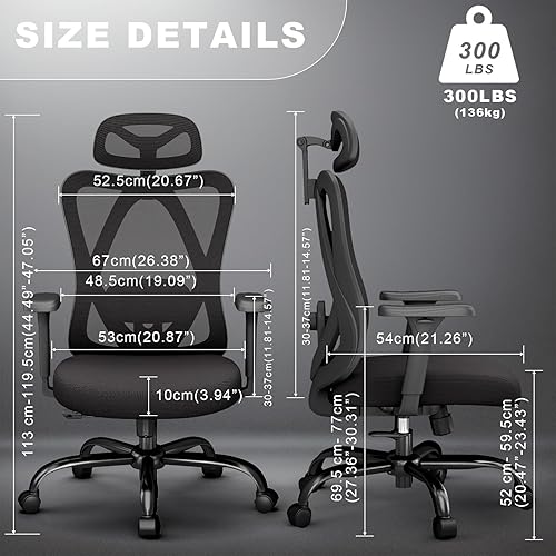 Miniatura 8 de Silla de oficina ergonómica con soporte lumbar ajustable, sillas de escritorio de malla de respaldo alto con reposacabezas y reposabrazos 3D, ruedas