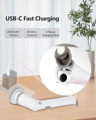 Miniatura 7 de UBeesize Limpiador eléctrico giratorio, cepillo de limpieza inalámbrico largo, limpiador de ducha giratorio con 8 cabezales reemplazables, mango