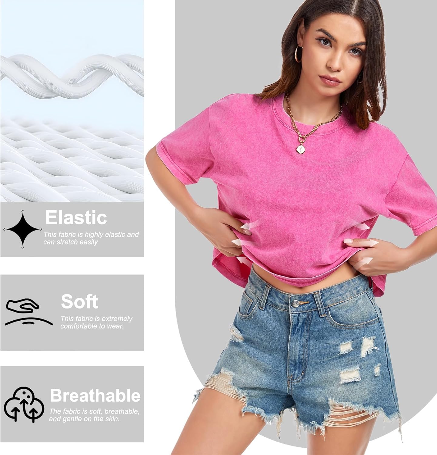Womens Crop Tops Acid Wash Short Sleeve T-Shirts Casual Round Neck Basic Tees Baggy Summer Shirts - Image 4