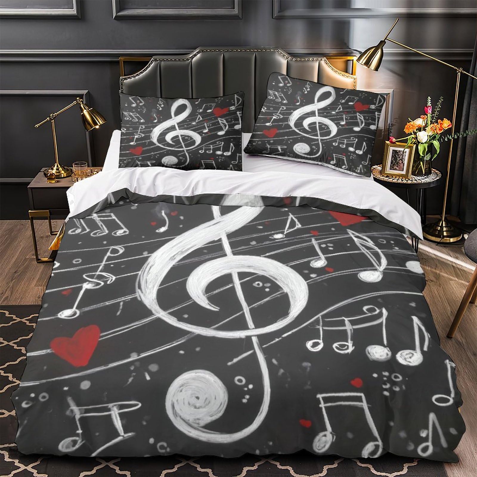 Housse de couette musique 135x200 single avec motif notes 3D en microfibre