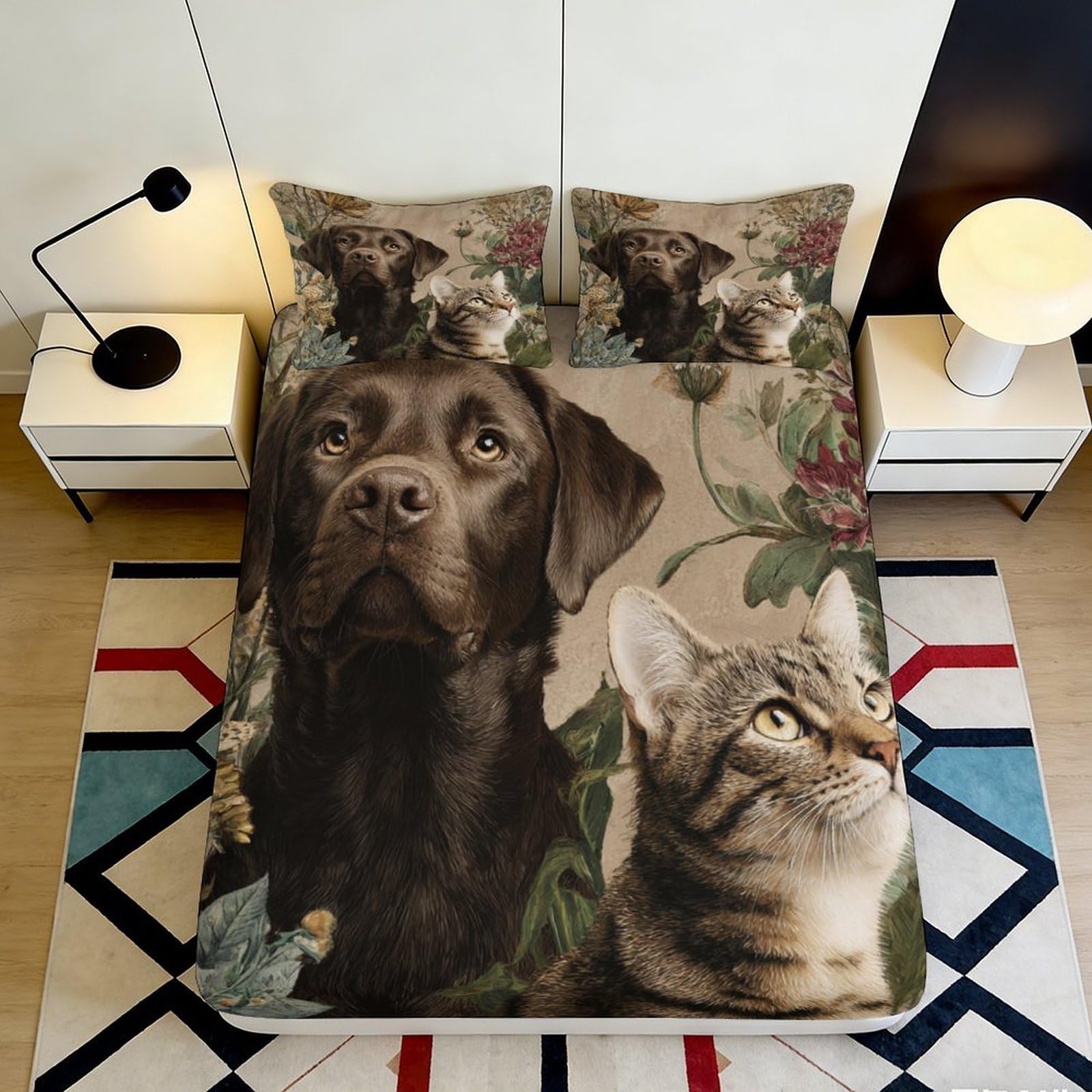 3D Printed Labrador Dog Fitted Sheet Microfiber Soft Cat Floral Bed Cover for Bedroom Guest Room Decor 90x200x25cm
