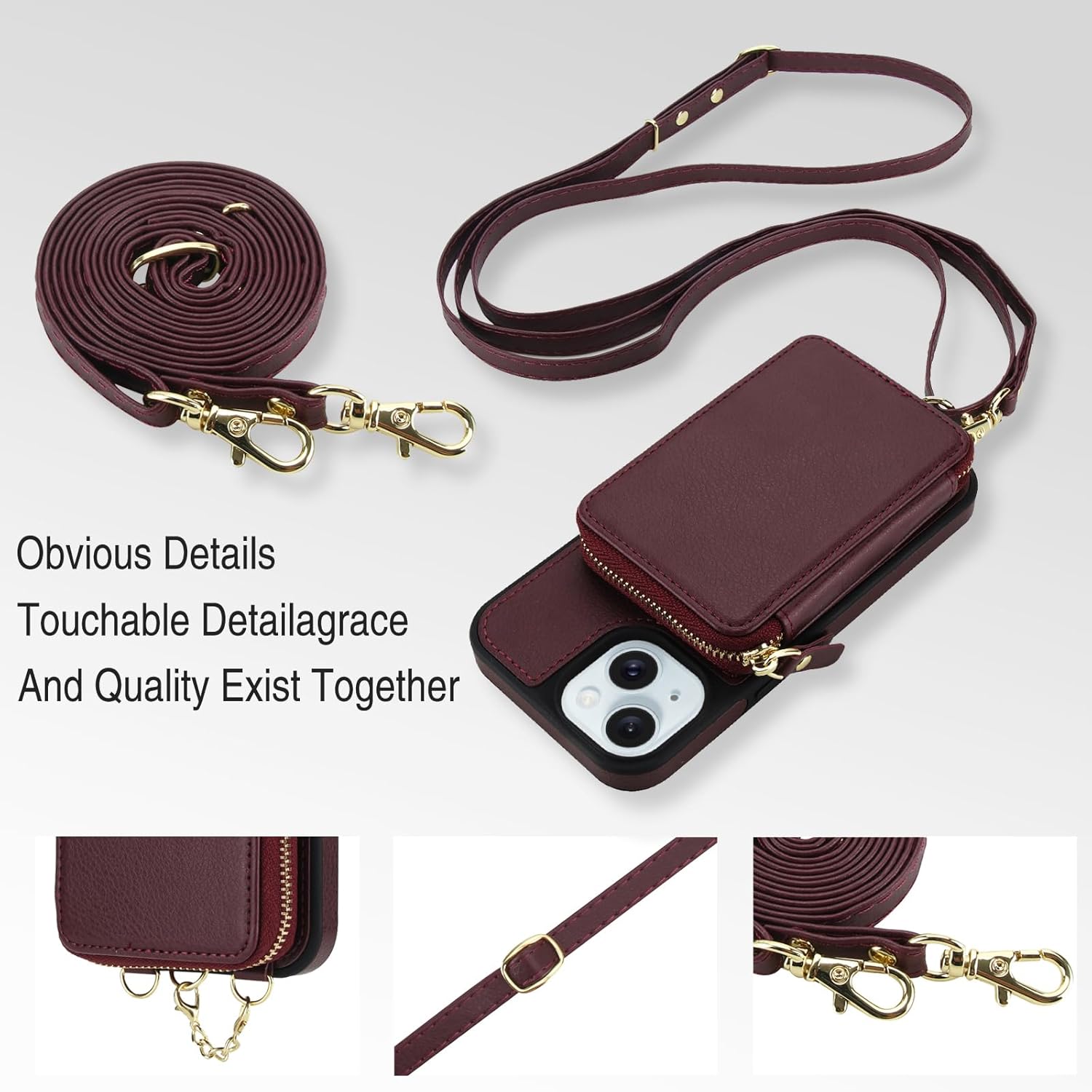 Phone Case for iPhone 13/14 6.1 inch Wallet Zipper Cover With Screen Protector Crossbody Lanyard Strap 2-in-1 Detachable RFID Blocking Flip iPhone13 iPhone14 5G i i-Phone i13 i14 Women Men Wine Red