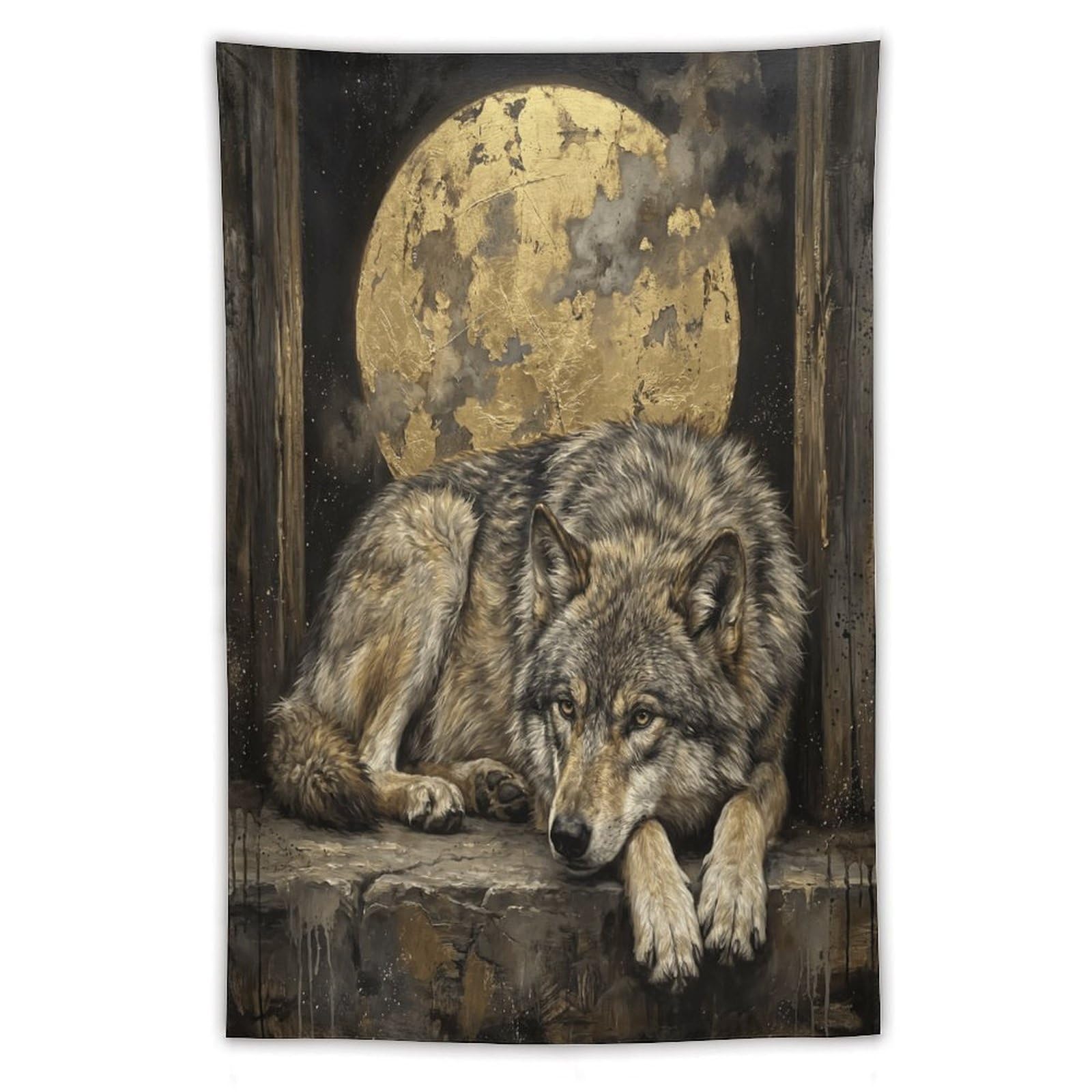 Resting Wolf Full Moon Wall Tapestry, Oil Painting, Rustic Wildlife