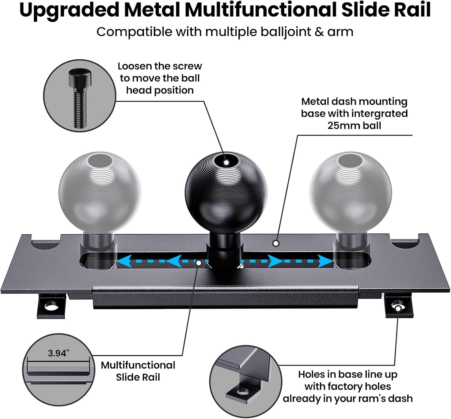 Kaishengyuan Metal Phone Mount for Ram Truck 2013-2018, Dash Mount Cell Phone Holder Compatible with RAM 1500/2500/3500 & 2019+ Classic, Metal Ball Adapter Phone Stand Arm Fit for Most Smartphones