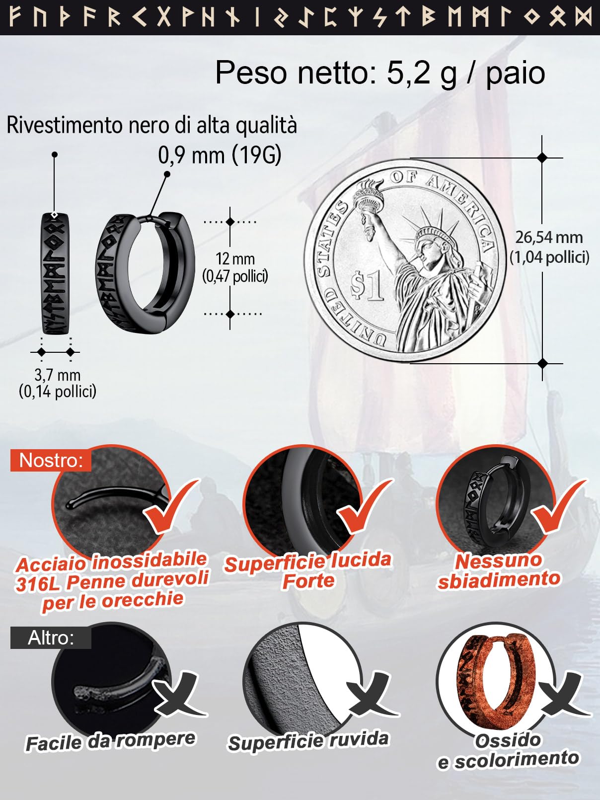 FaithHeart Uomo Donna Orecchini Cerchio di Rune Vichinghe Rune Celtiche Orecchini Cerchio Argento 925 / Acciaio Inox Antiallergico con Onice Gioielli Amuleto Nordico