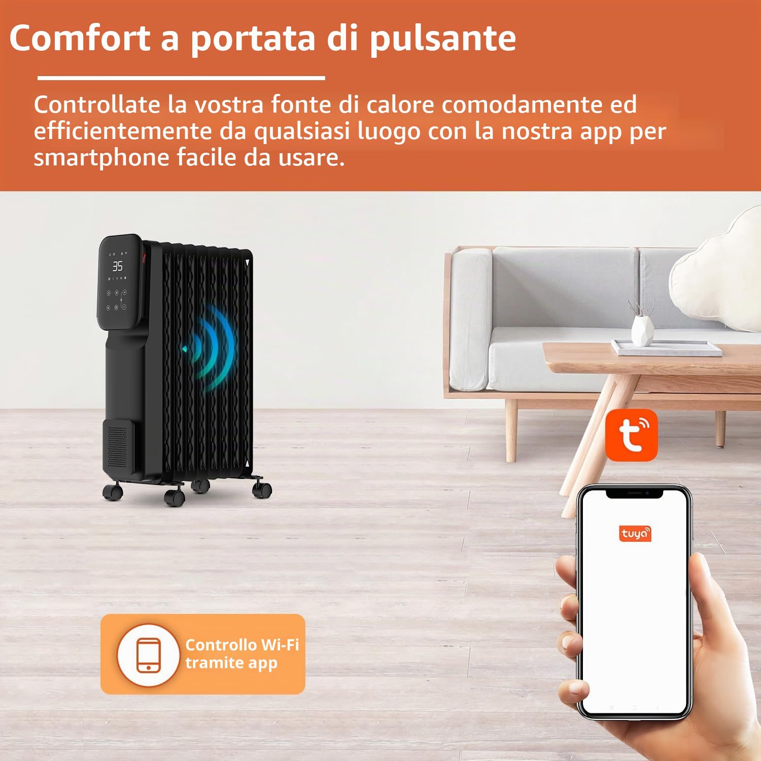 SHX Radiatore ad olio 2000 Watt con WiFi, 3 livelli di riscaldamento, timer 24 ore, termostato elettronico, funzione boost, riscalda fino a 40 mq di superficie