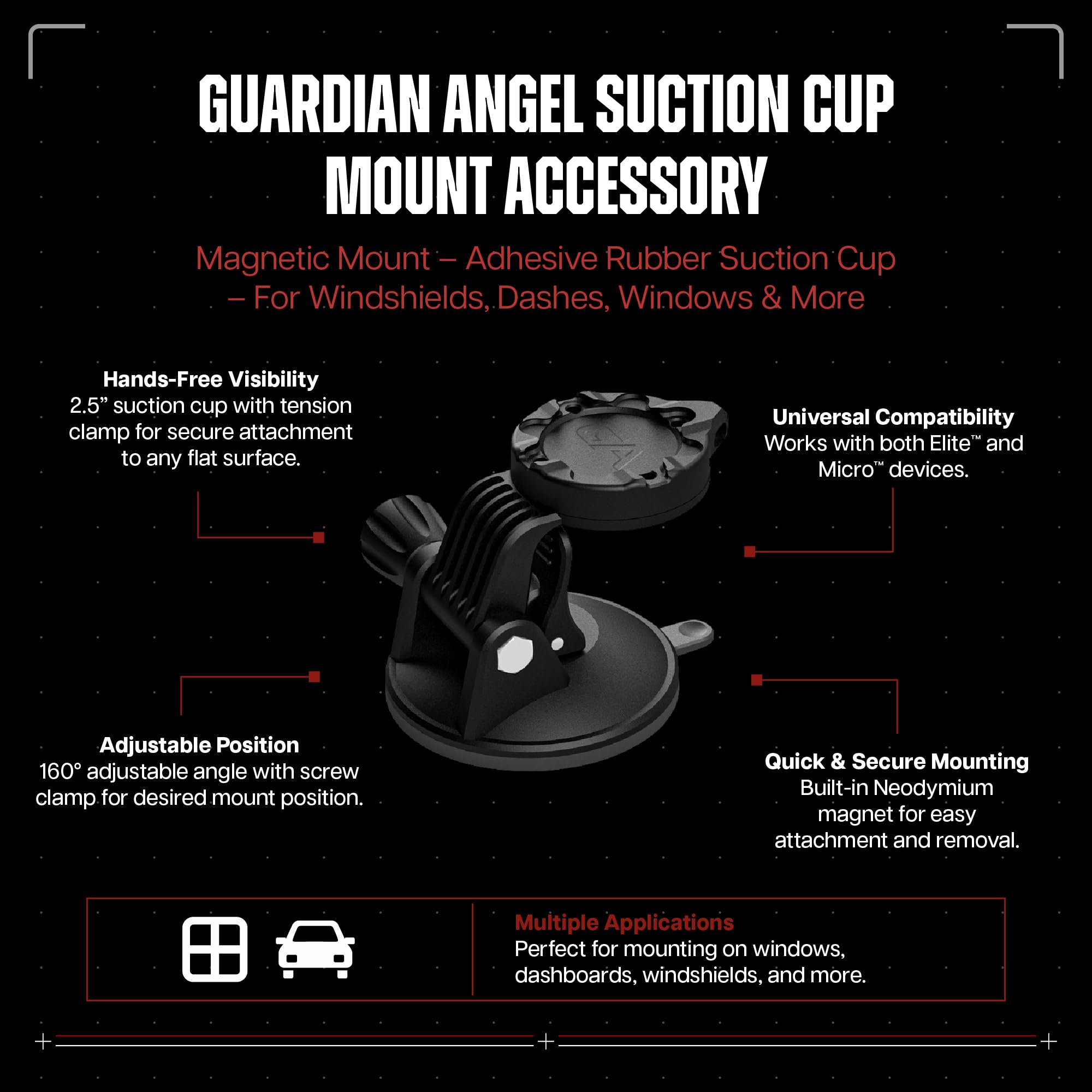 Guardian Angel Suction Cup Mount Accessory – Magnetic Mount with Screw-in Feature – Adhesive Rubber Suction Cup with Snap Lock – for Windshields, Dashes, Windows, Stop/Slow Signs & Smooth Surfaces