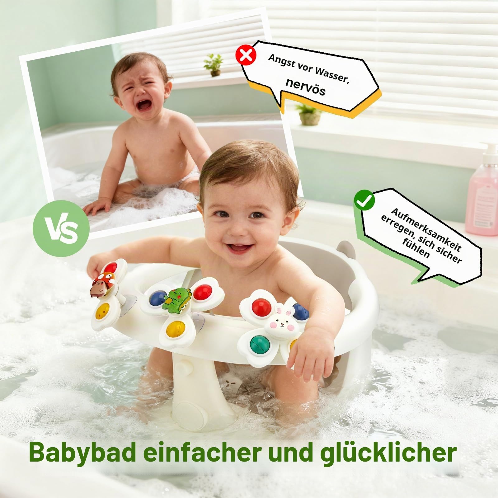 2-in-1 Baby-Badesitz mit Spielzeug ab 6 Monaten – Ergonomischer Badeaufsatz mit 4 Saugnäpfen, rutschfester Badesitz mit Fünf Spielzeug für Babys und Kleinkinder