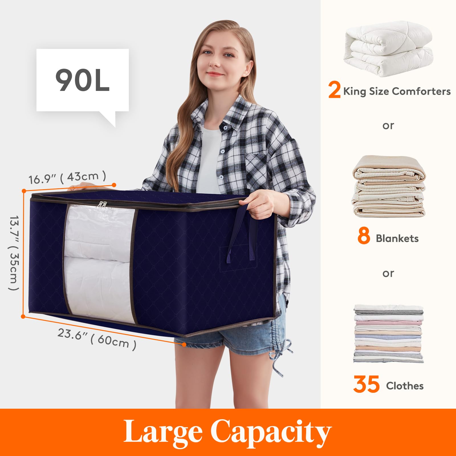 Lifewit Lot de 4 Grands Sacs Rangement Vetement 90 L, Sac Demenagement avec Poignées, Housse Rangement Couette, Boite Rangement Pliable, Transparent