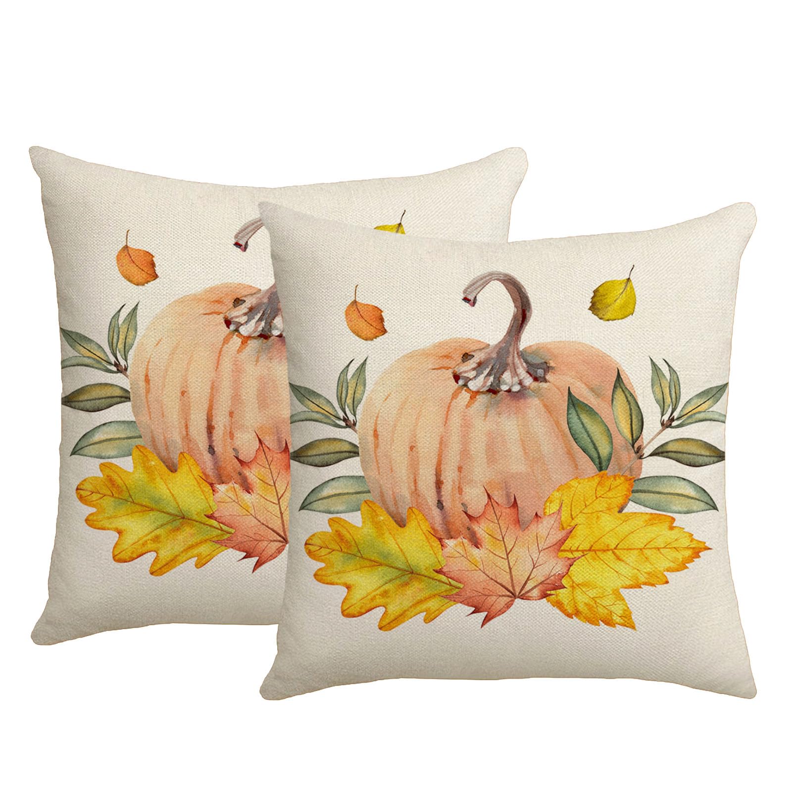 KLUSIET Fall Pillow Covers 18x18 Inch Set of 2, Pumpkin Maple Leaves Decorations Throw Pillow Covers, Throw Cushion Cover for Autumn Thanksgiving Farmhouse Sofa Decor(2pcs,B)