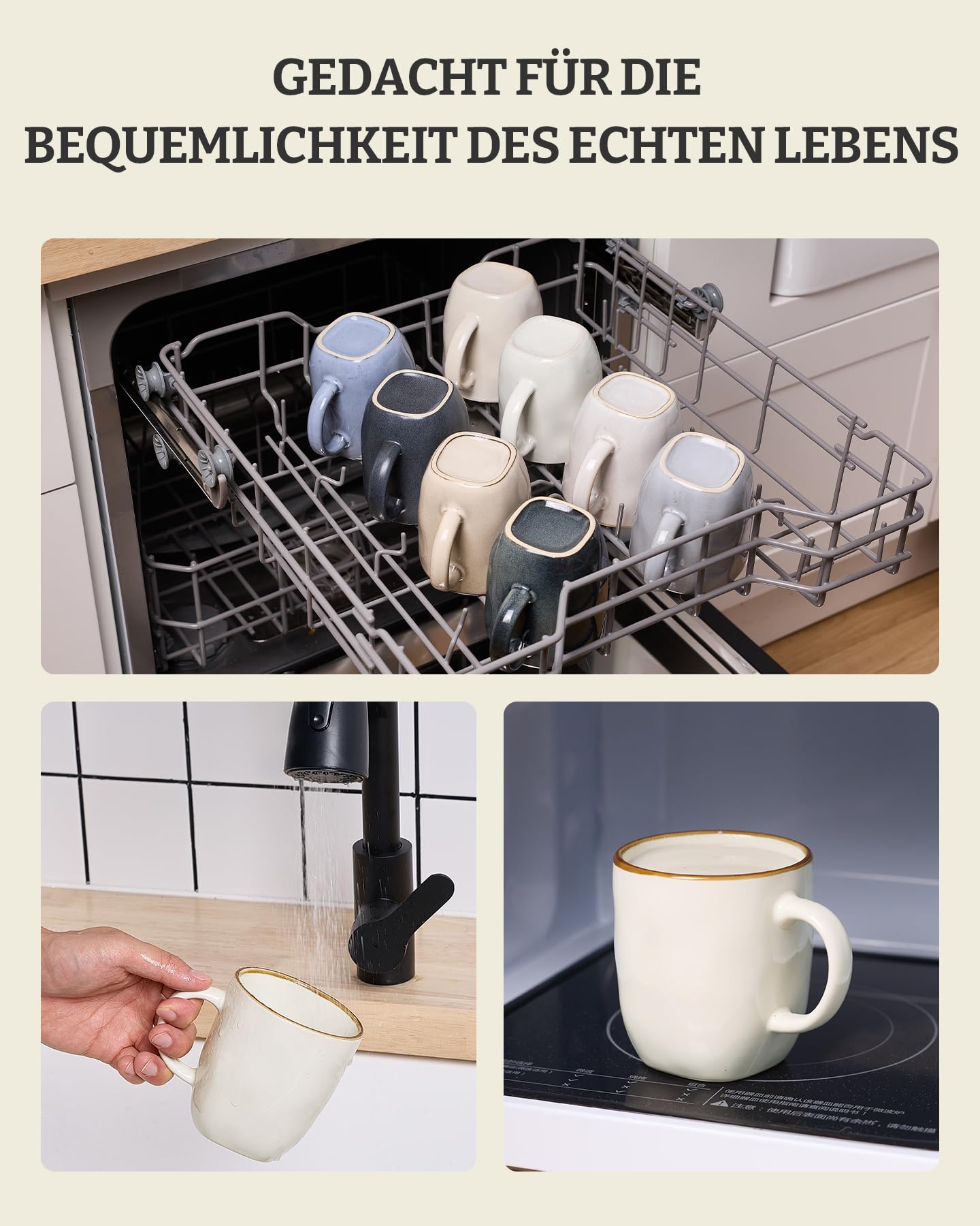 Richmount Ocean - Juego de 6 tazas de café, 384 ml (13 oz), color beige | Juego de tazas, tazas con asa para café, té, cacao, leche, apto para microondas y lavavajillas