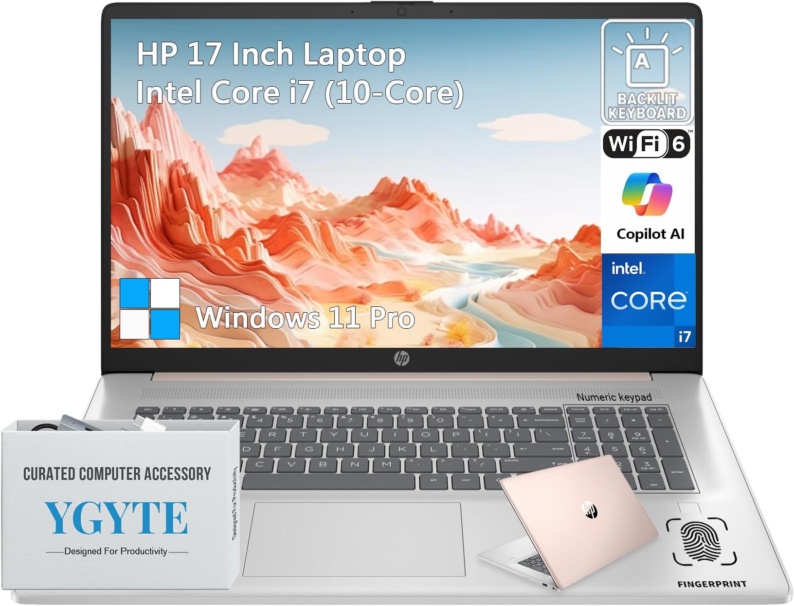 HP 17 Inch Touchscreen Laptop Computer, 17.3 HD+ Touch Screen Business Laptop PC, Intel Core i7, 64GB RAM 2TB SSD, Windows 11 Pro, Backlit 10 Key Number Pad, Fingerprint, Rose Gold