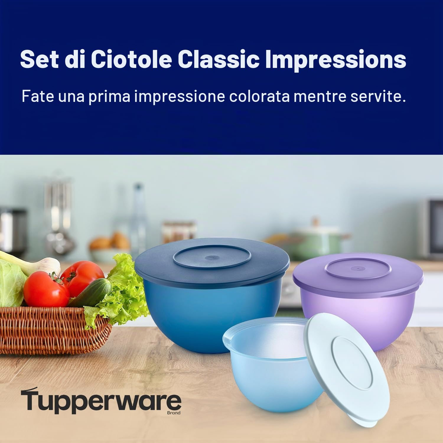 Tupperware Impressions Classic, set di 3 ciotole per alimenti in blu e viola, adatte per lavastoviglie e senza BPA (3 contenitori, 3 coperchi)