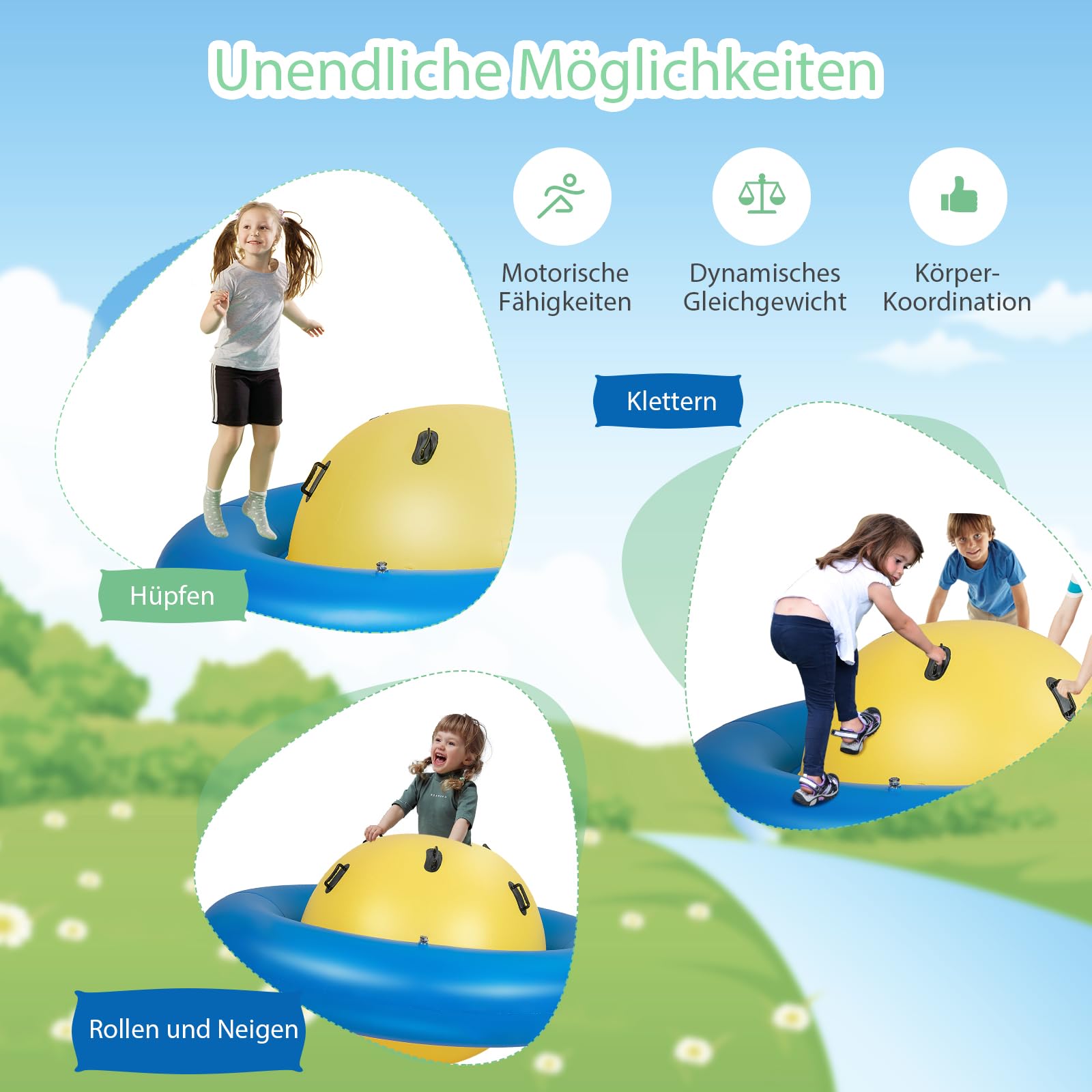 SOARS Aufblasbare Kletterkugel, Hüpfball für Kinder Mit 6 Griffen, Kletterkuppel, 113kg Belastbar, ab 5 Jahren (Gelb + Blau)