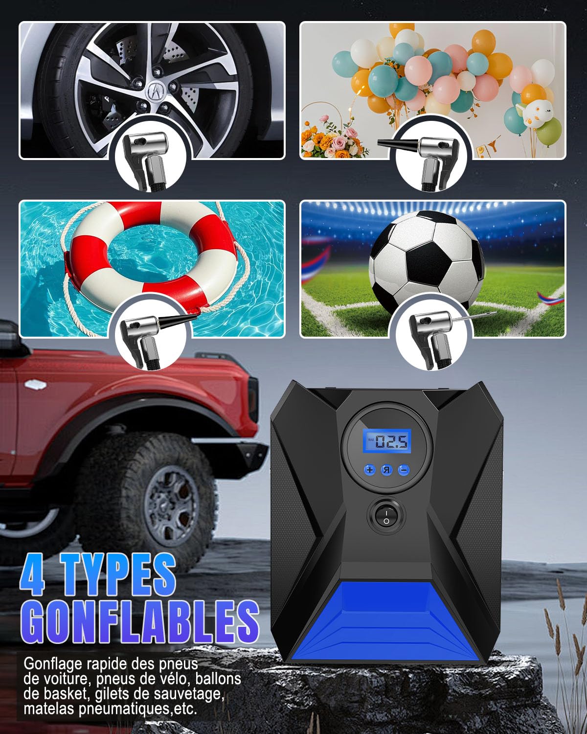 Gonfleur Pneus Voiture Portable 12V, Gonflage Rapide avec Écran Numérique HD, Mémoire Intelligente, Arrêt Automatique, 4 Unités de Mesure, Lumière LED, Idéal pour Vélo, Moto, Ballon (Bleu)