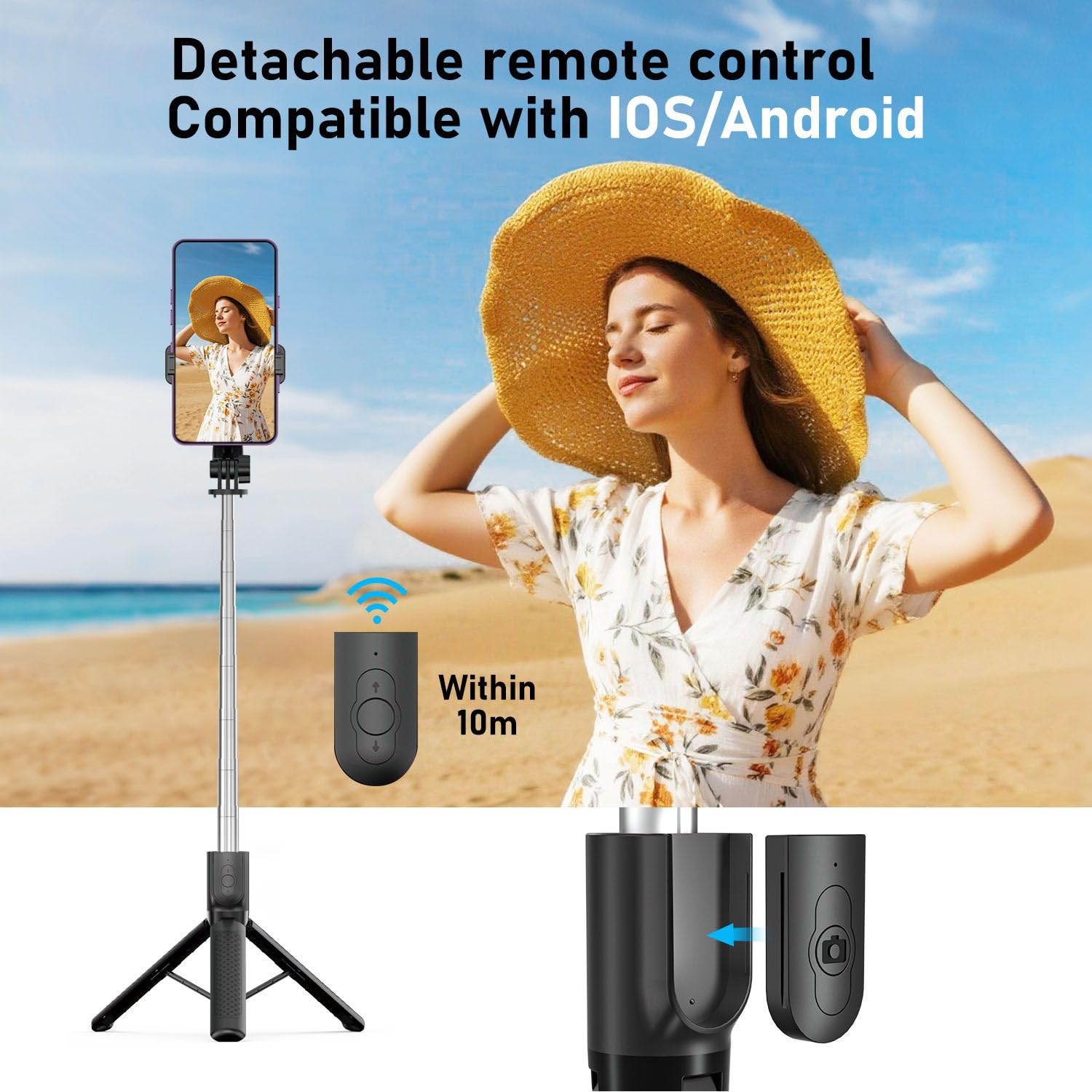 Perche à Selfie,Trépied Smartphone,125CM Extensible Selfie Stick Trépied de Téléphone avec télécommande détachable et trépied Stable,Compatible avec Samsung/iPhone/Huawei