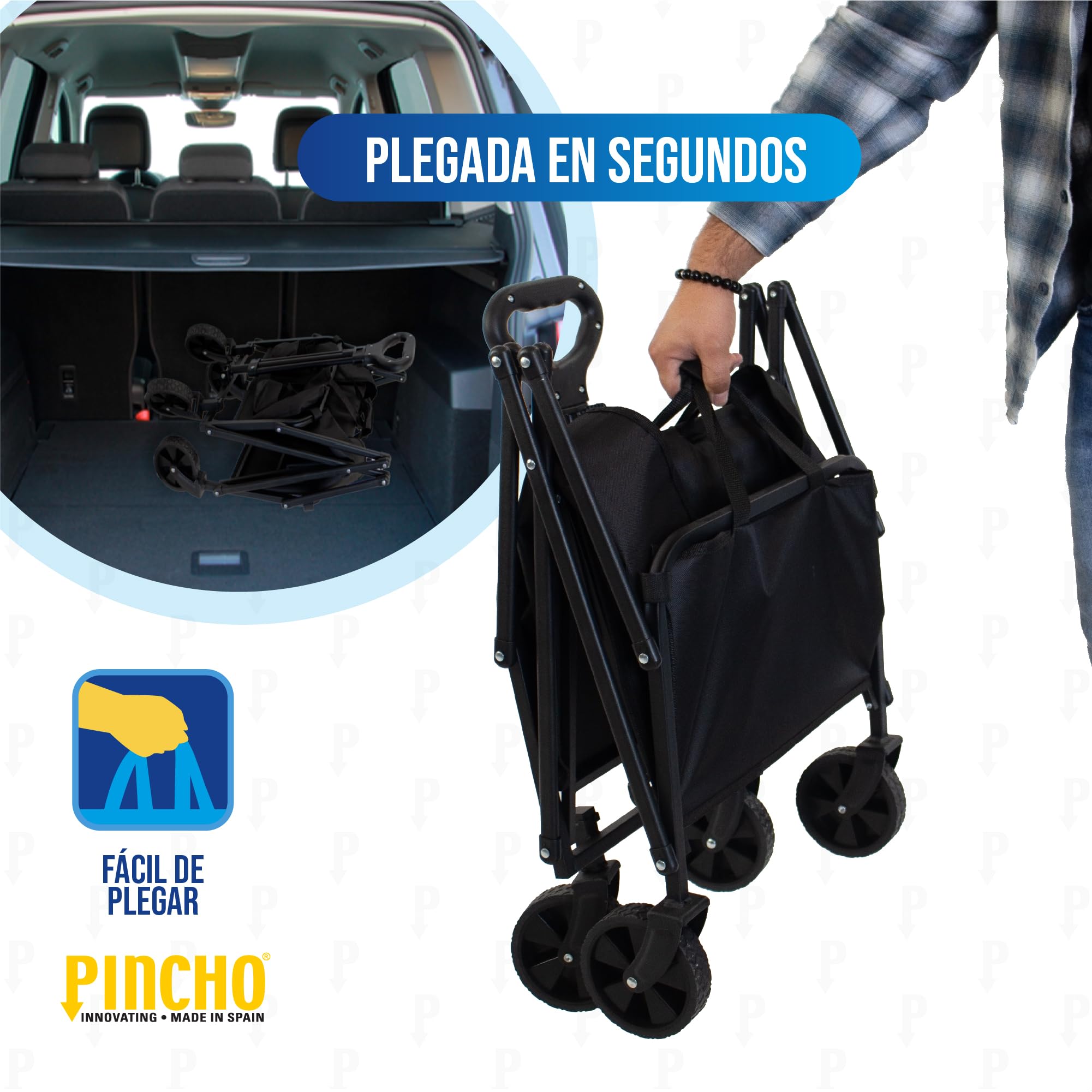 Carro Playa Plegable - PINCHO - Carrito De Playa Plegable, Carro Transporte Plegable con Asa Telescópica, Carretilla Plegable con Ruedas y Frenos - 4 Ruedas, Carga 50 kg, Plegado Compacto, Bolsillo